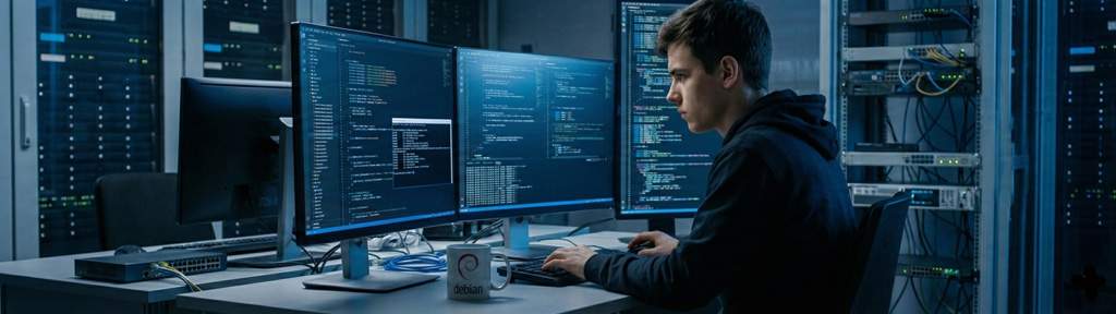 Nachwuchs-IT-Experte sitzt vor Monitoren, Debian Tasse auf dem Schreibtisch (KI generiert)